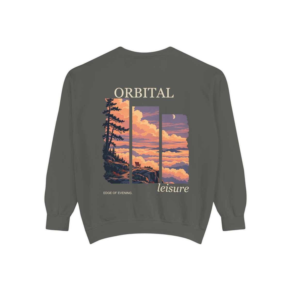 Edge of Evening Garment-Dyed Crewneck in Pepper, back view with the large illustrated print. Digital product mockup.