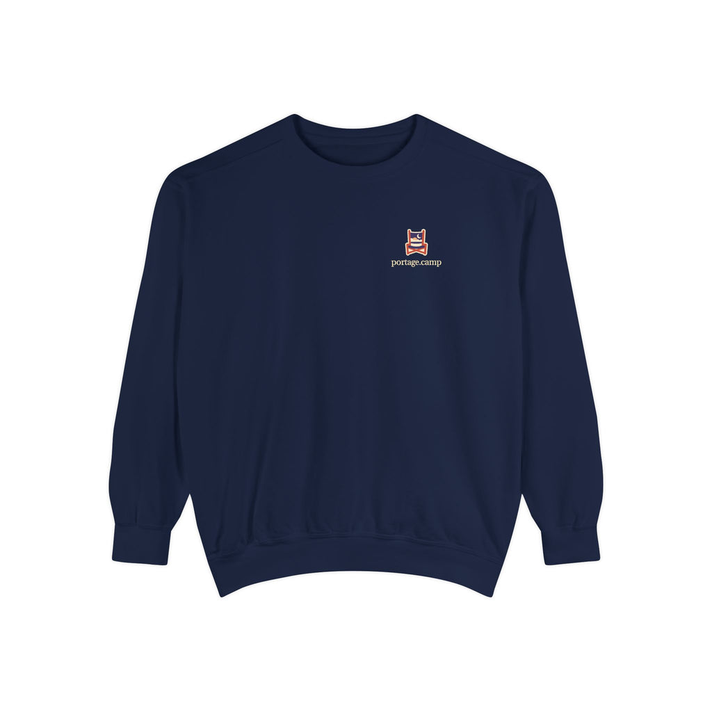 Edge of Evening Garment-Dyed Crewneck in True Navy, front view with the Edge of Evening logo and portage.camp on the chest. Digital product mockup.