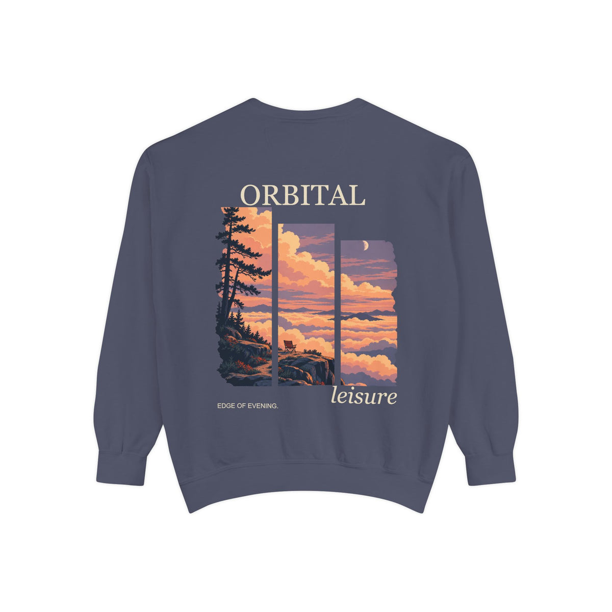 Edge of Evening Garment-Dyed Crewneck in Denim, back view with the large illustrated print. Digital product mockup.