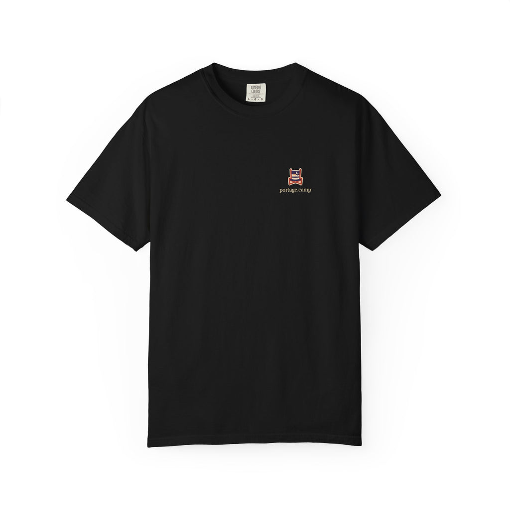 Edge of Evening Garment-Dyed Tee in Black, front view with the Edge of Evening logo and portage.camp on the chest. Digital product mockup.