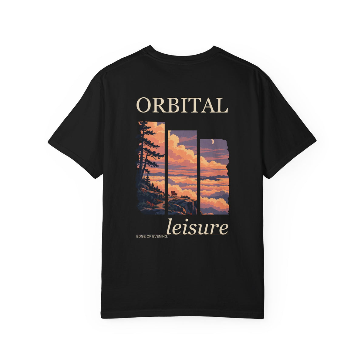 Edge of Evening Garment-Dyed Tee in Black, back view with the large illustrated print. Digital product mockup.