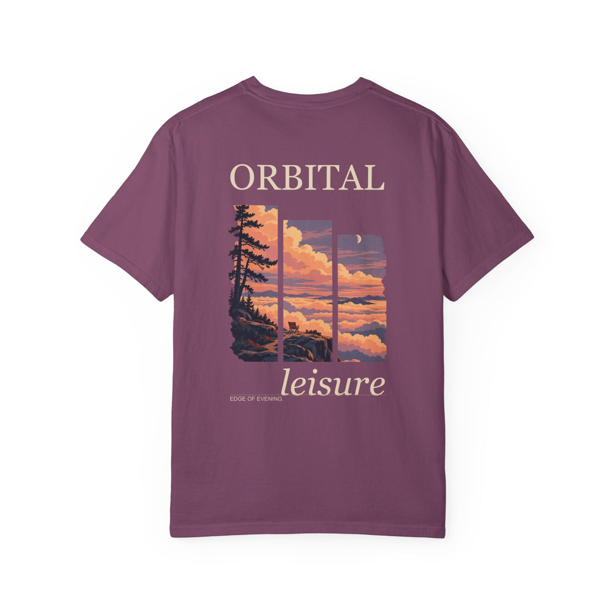 Edge of Evening Garment-Dyed Tee in Berry, back view with the large illustrated print. Digital product mockup.