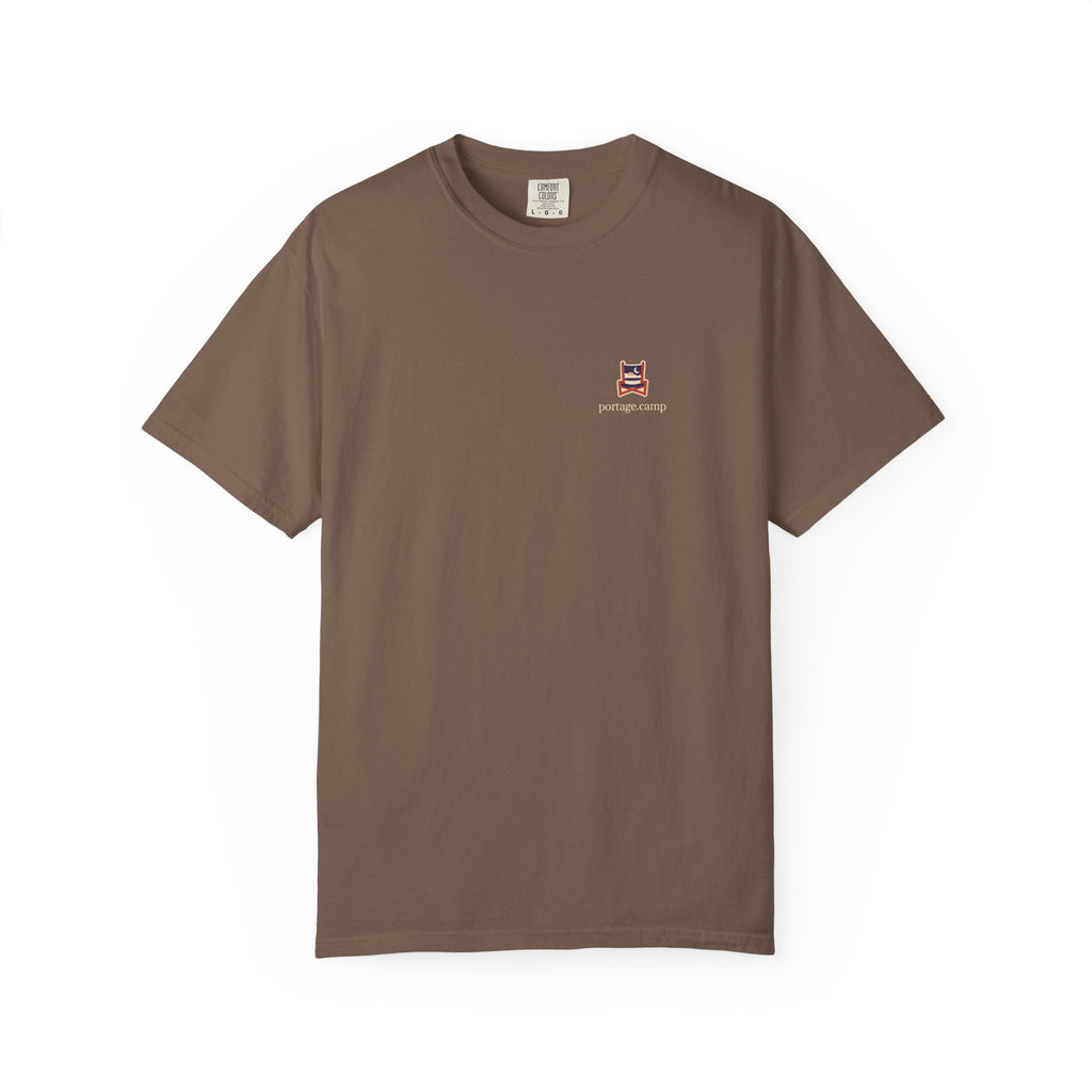 Edge of Evening Garment-Dyed Tee in Espresso, front view with the Edge of Evening logo and portage.camp on the chest. Digital product mockup.