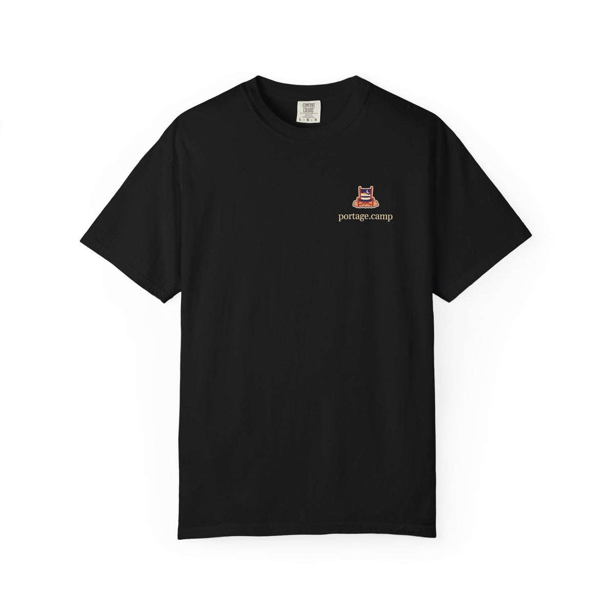 Edge of Evening Garment-Dyed Tee in Black, front view with the Edge of Evening logo and portage.camp on the chest. Digital product mockup.