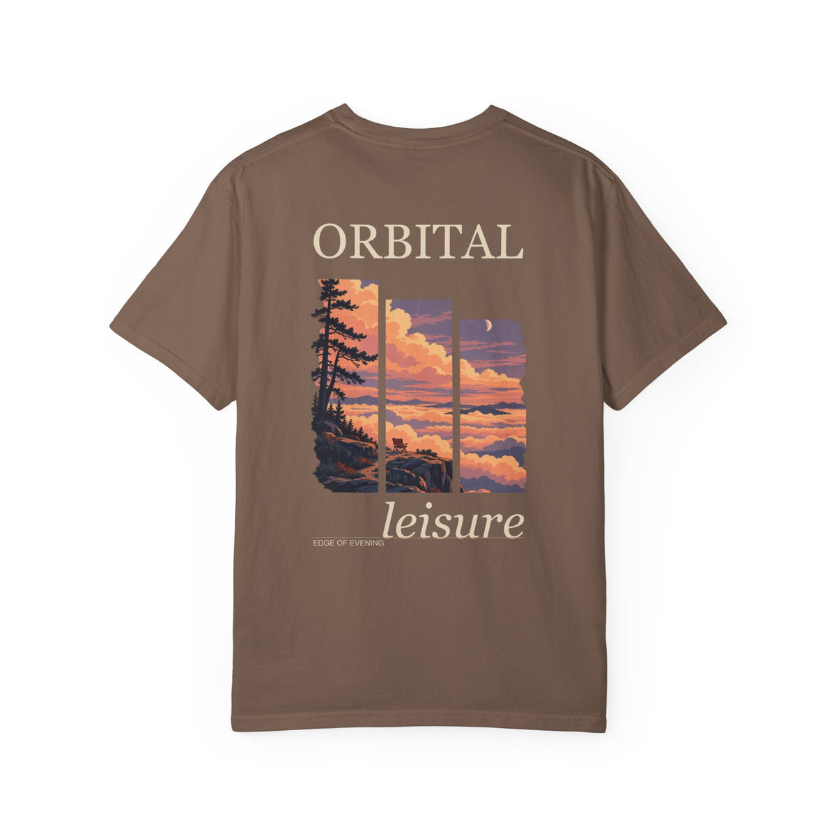Edge of Evening Garment-Dyed Tee in Espresso, back view with the large illustrated print. Digital product mockup.