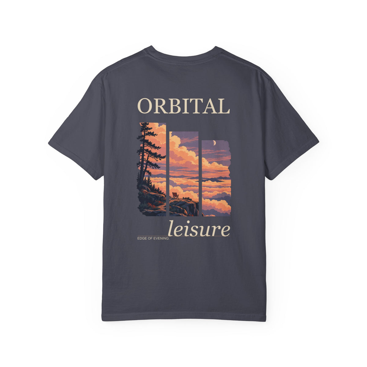 Edge of Evening Garment-Dyed Tee in Navy, back view with the large illustrated print. Digital product mockup.