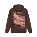 Edge of Evening Heavyweight Hoodie in Brown, back view with the large illustrated print. Digital product mockup.