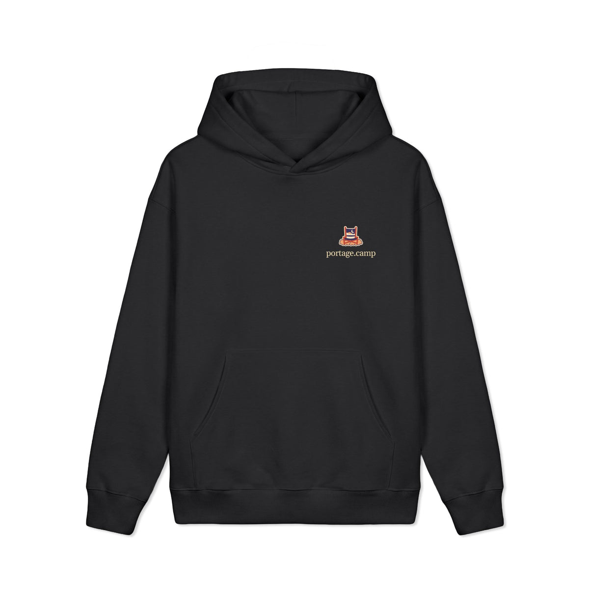 Edge of Evening Heavyweight Hoodie in Black, front view with the Edge of Evening logo and portage.camp on the left chest. Digital product mockup.