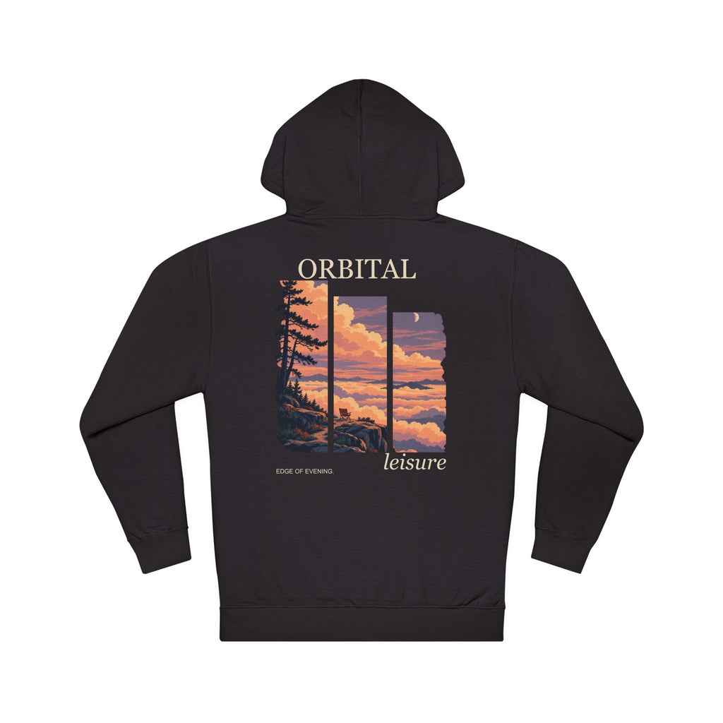 Edge of Evening Midweight Hoodie in Black, back view with the large illustrated print. Digital product mockup.