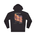 Edge of Evening Midweight Hoodie in Black, back view with the large illustrated print. Digital product mockup.