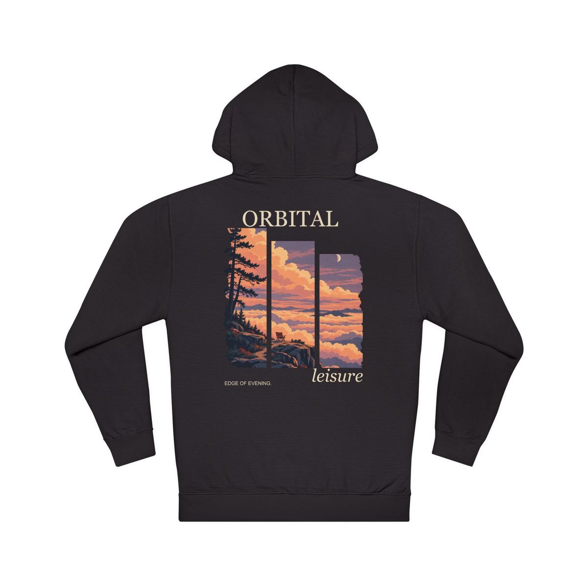 Edge of Evening Midweight Hoodie in Black, back view with the large illustrated print. Digital product mockup.