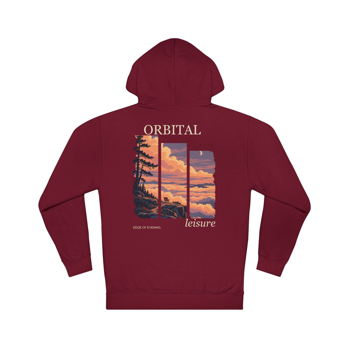 Edge of Evening Midweight Hoodie in Maroon, back view with the large illustrated print. Digital product mockup.