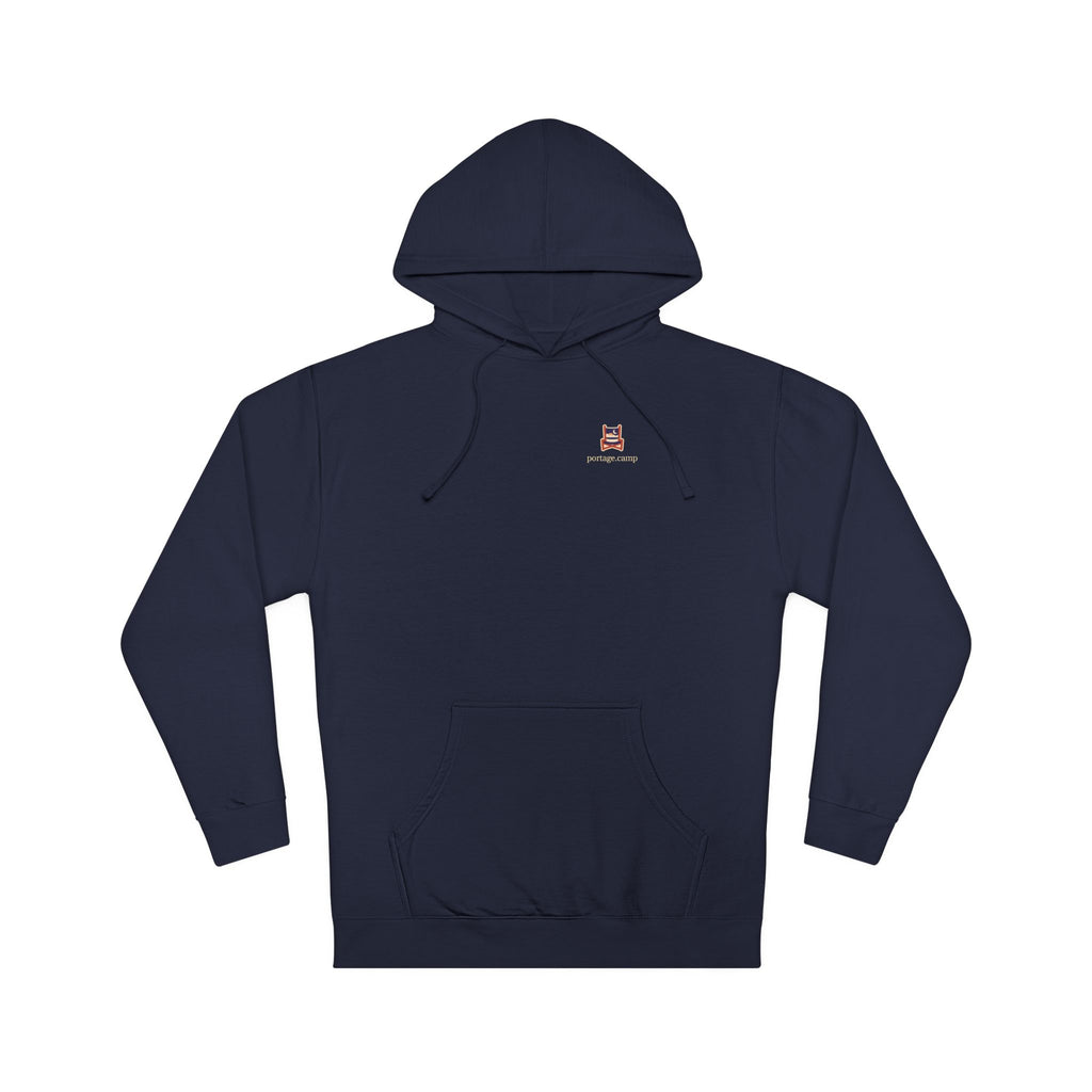 Edge of Evening Midweight Hoodie in Classic Navy, front view with the Edge of Evening logo and portage.camp on the chest. Digital product mockup.