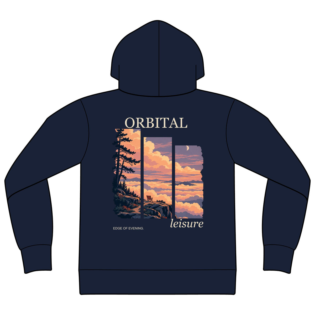 Edge of Evening Zip Hoodie in Navy, back view with the large illustrated print. Digital product mockup.