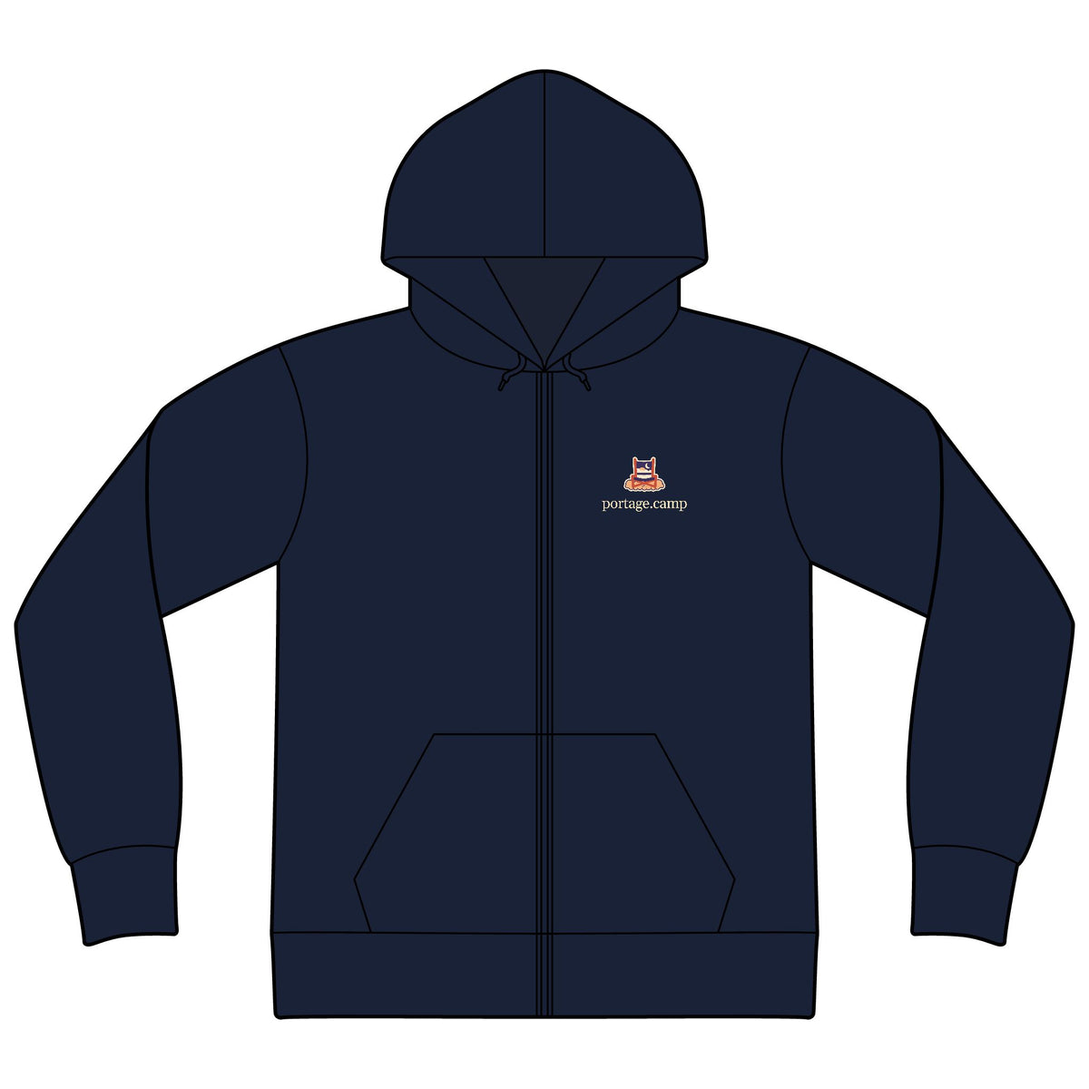 Edge of Evening Zip Hoodie in Navy, front view with the Edge of Evening logo and portage.camp on the left chest. Digital product mockup.