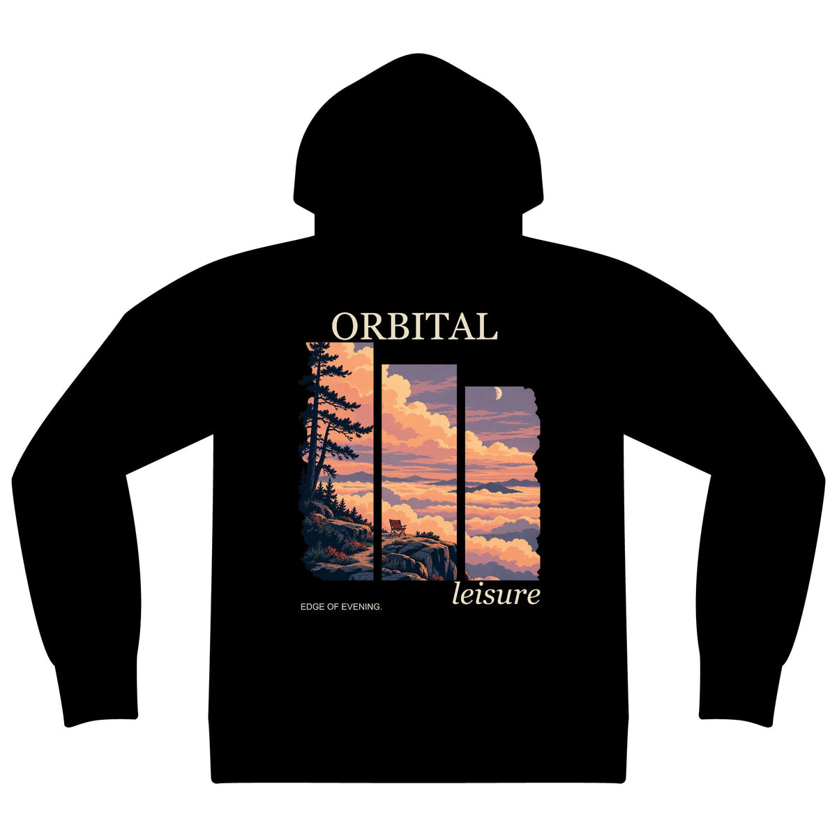 Edge of Evening Zip Hoodie in Black, back view with the large illustrated print. Digital product mockup.