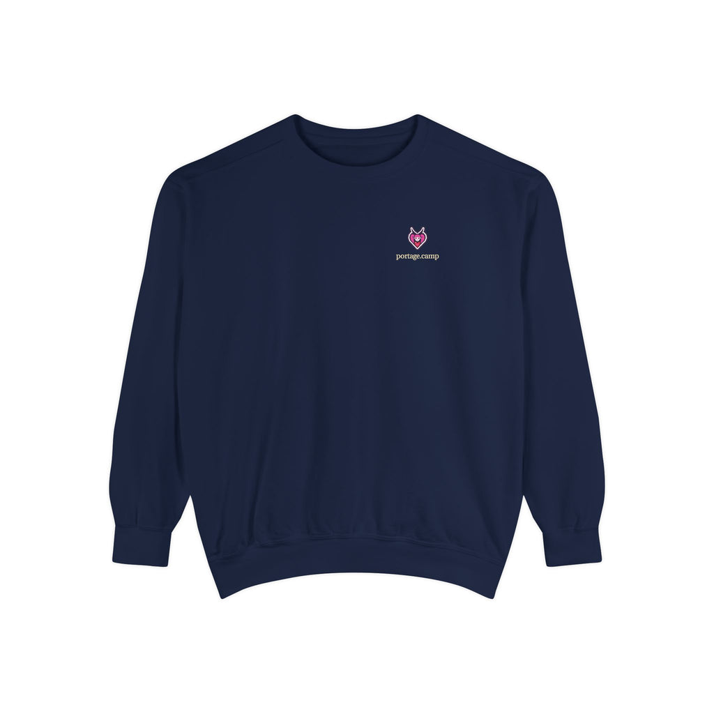Heart Thief Garment-Dyed Crewneck in True Navy, front view with the Heart Thief logo and portage.camp on the chest. Digital product mockup.