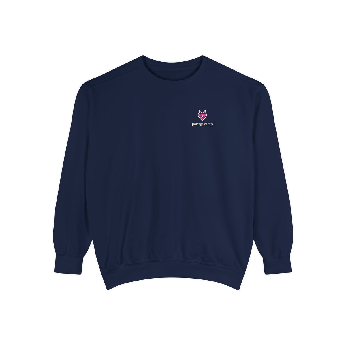 Heart Thief Garment-Dyed Crewneck in True Navy, front view with the Heart Thief logo and portage.camp on the chest. Digital product mockup.