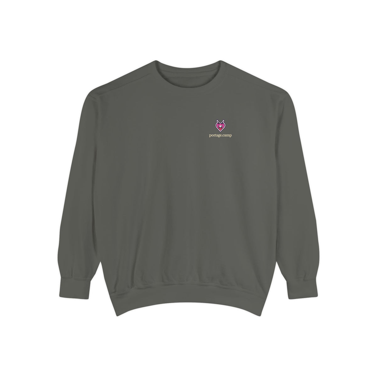 Heart Thief Garment-Dyed Crewneck in Pepper, front view with the Heart Thief logo and portage.camp on the chest. Digital product mockup.