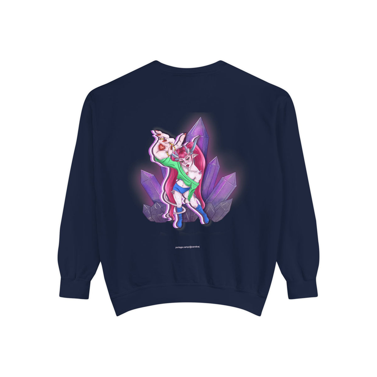 Heart Thief Garment-Dyed Crewneck in True Navy, back view with the large illustrated print. Digital product mockup.