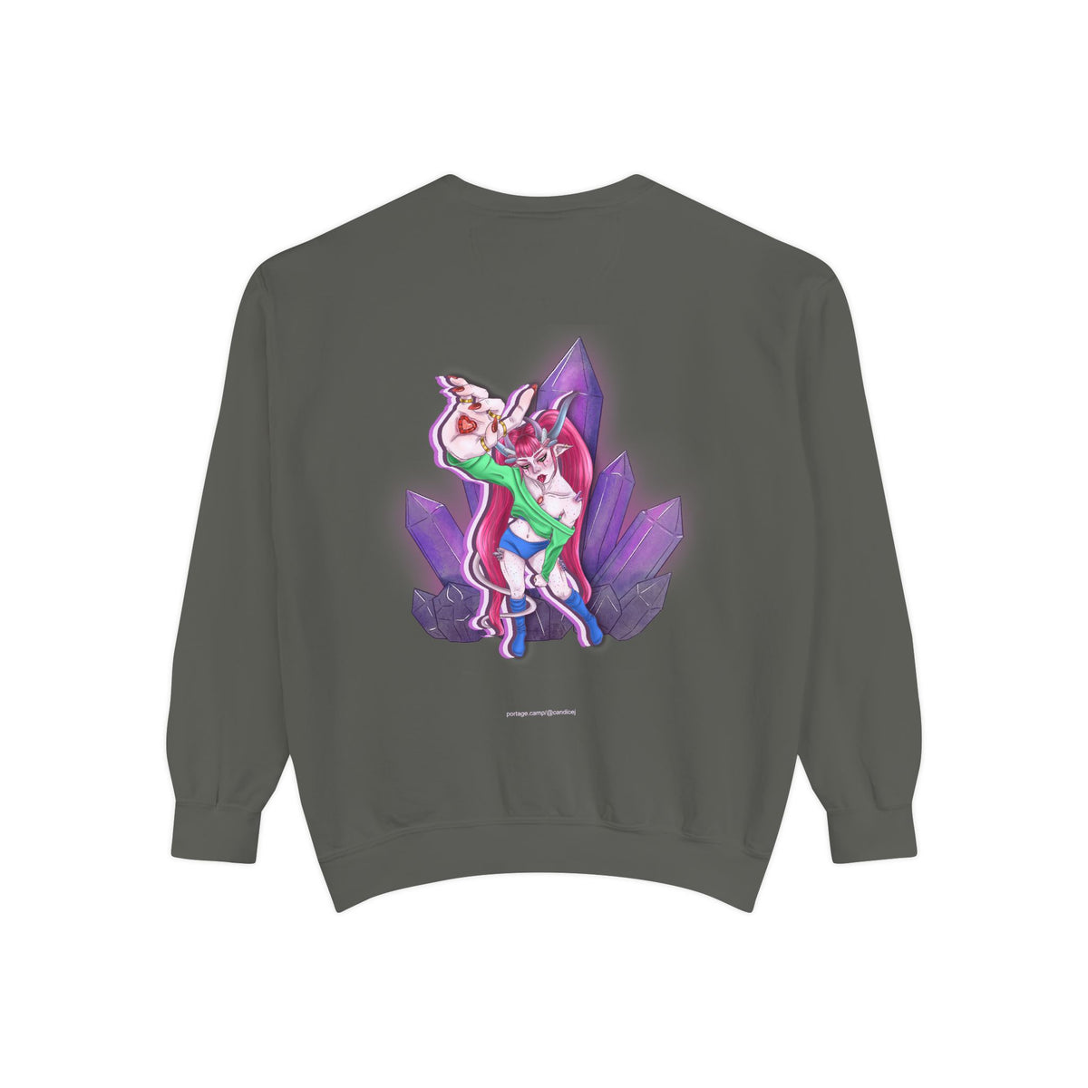 Heart Thief Garment-Dyed Crewneck in Pepper, back view with the large illustrated print. Digital product mockup.