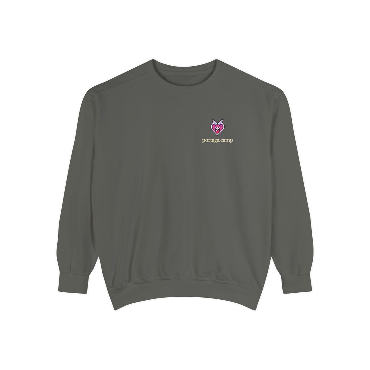 Heart Thief Garment-Dyed Crewneck in Pepper, front view with the Heart Thief logo and portage.camp on the chest. Digital product mockup.