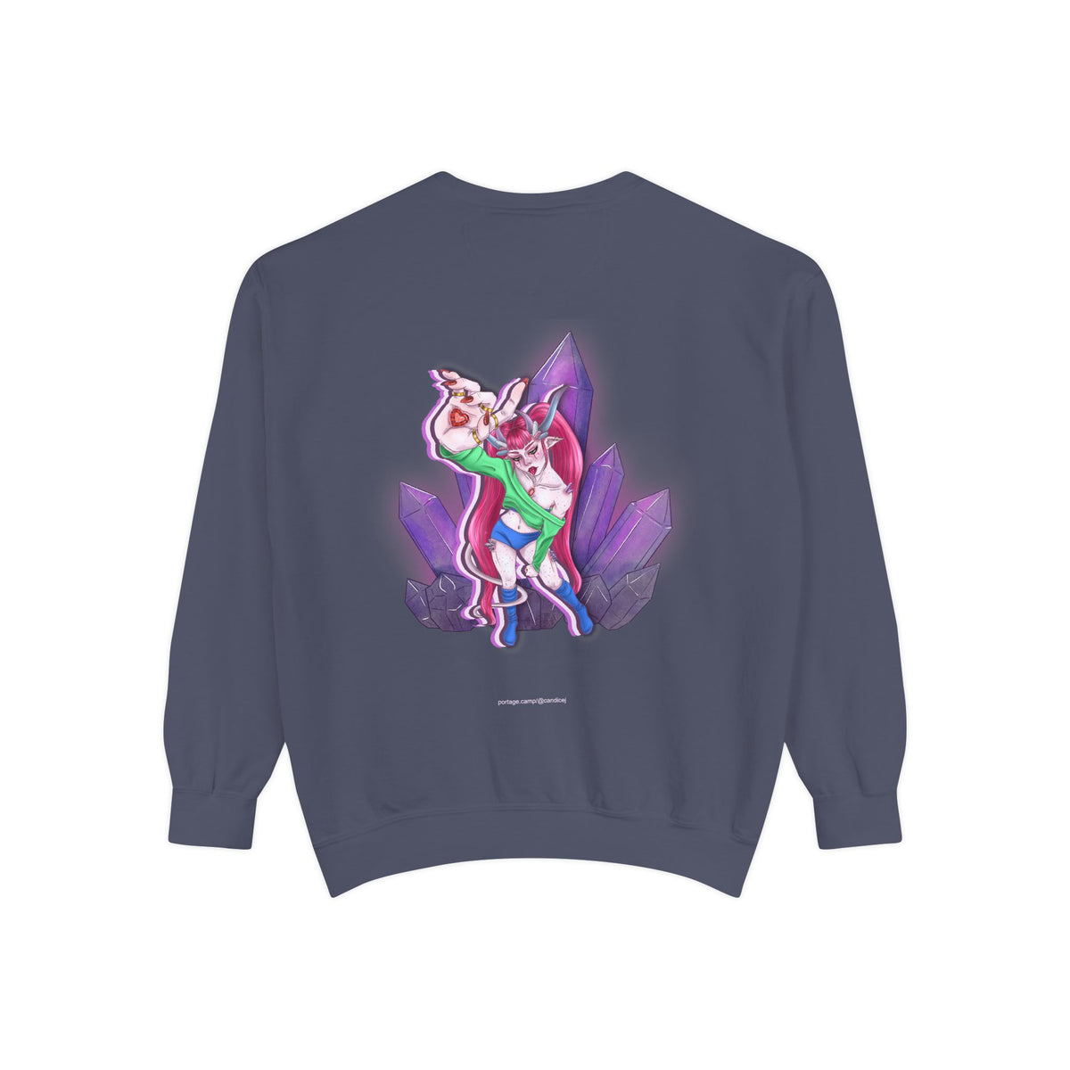 Heart Thief Garment-Dyed Crewneck in Denim, back view with the large illustrated print. Digital product mockup.