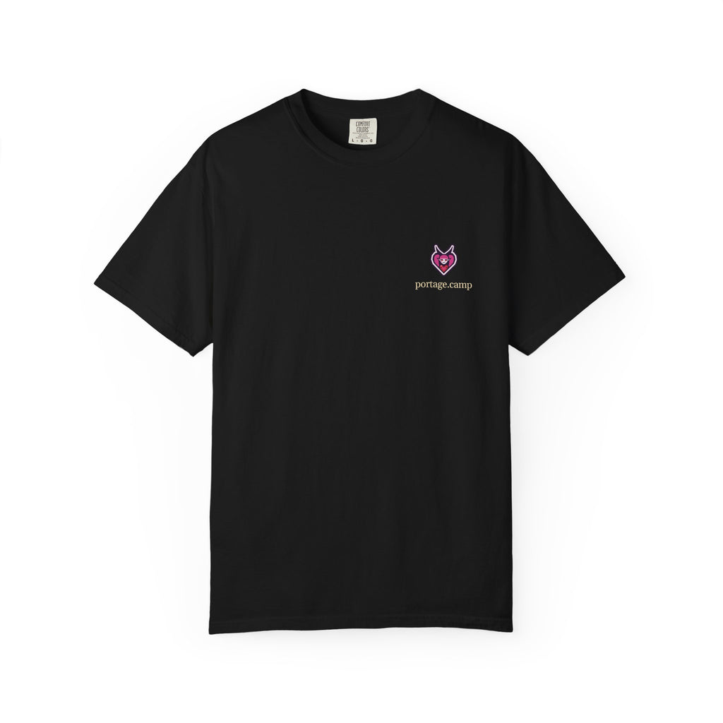 Heart Thief Garment-Dyed Tee in Black, front view with the Heart Thief logo and portage.camp on the chest. Digital product mockup.