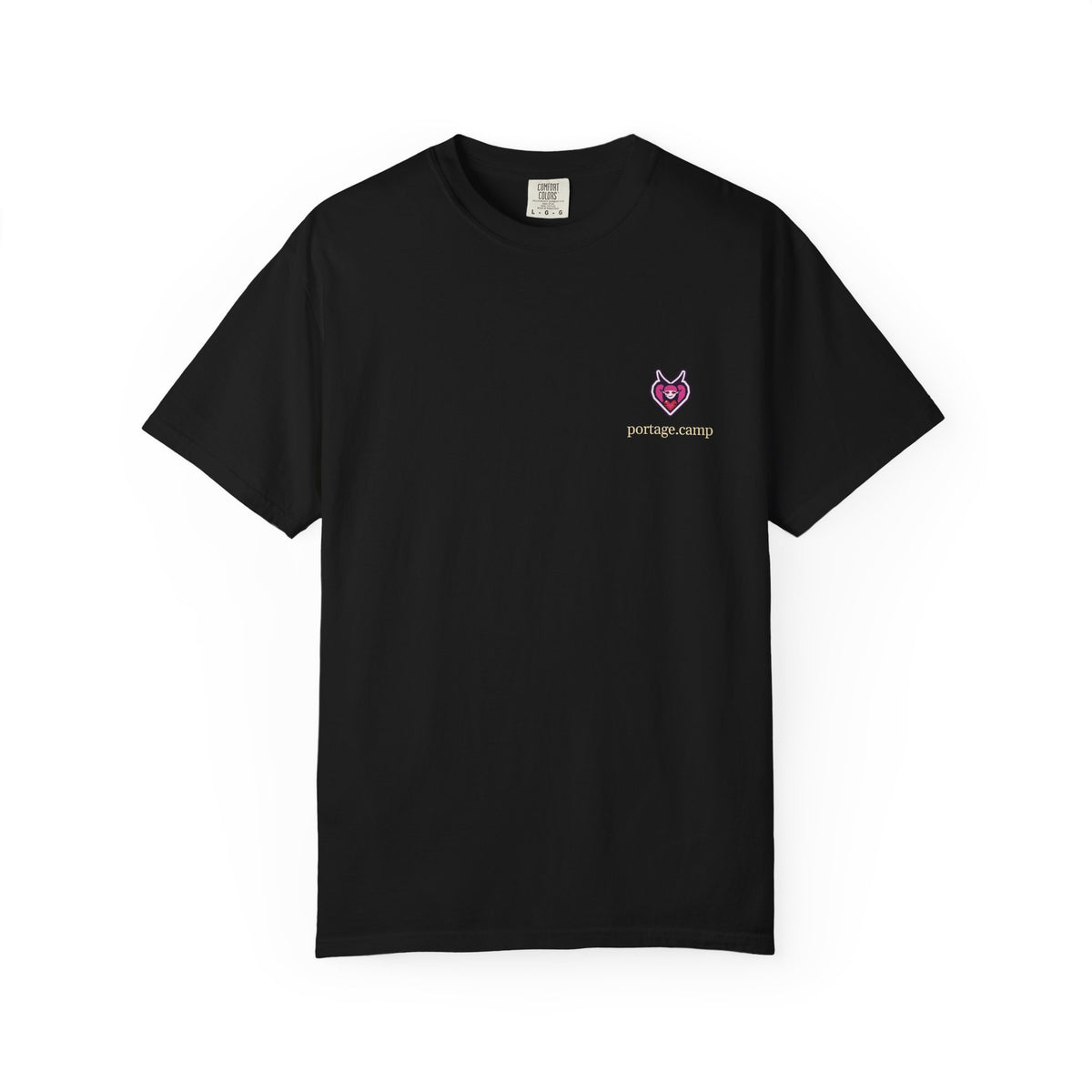 Heart Thief Garment-Dyed Tee in Black, front view with the Heart Thief logo and portage.camp on the chest. Digital product mockup.
