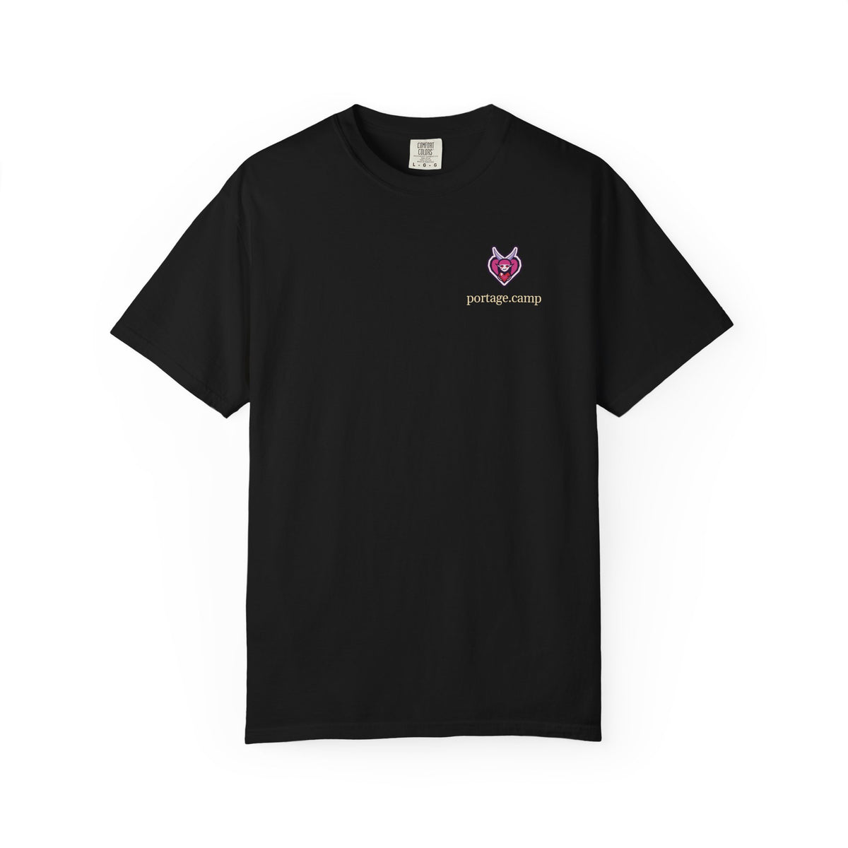 Heart Thief Garment-Dyed Tee in Black, front view with the Heart Thief logo and portage.camp on the chest. Digital product mockup.
