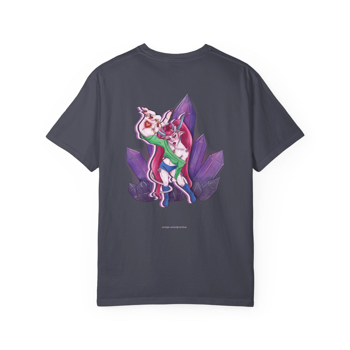 Heart Thief Garment-Dyed Tee in Navy, back view with the large illustrated print. Digital product mockup.