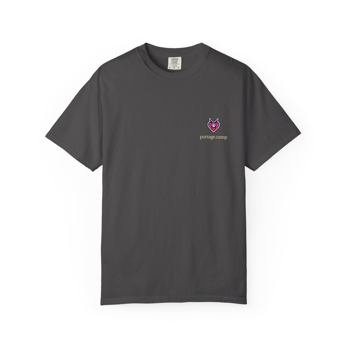 Heart Thief Garment-Dyed Tee in Graphite, front view with the Heart Thief logo and portage.camp on the chest. Digital product mockup.