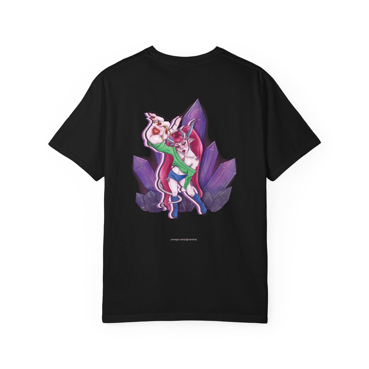 Heart Thief Garment-Dyed Tee in Black, back view with the large illustrated print. Digital product mockup.