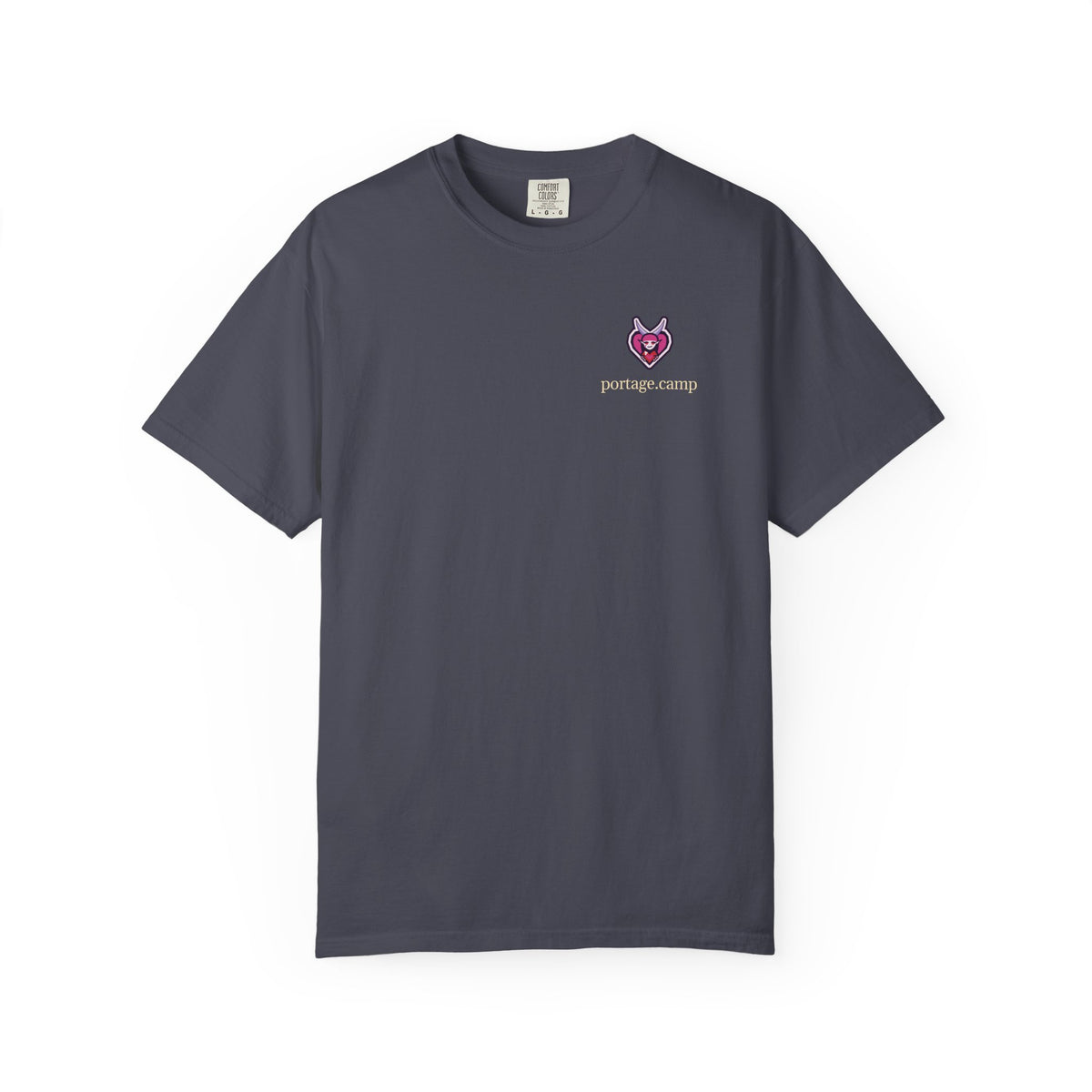 Heart Thief Garment-Dyed Tee in Navy, front view with the Heart Thief logo and portage.camp on the chest. Digital product mockup.
