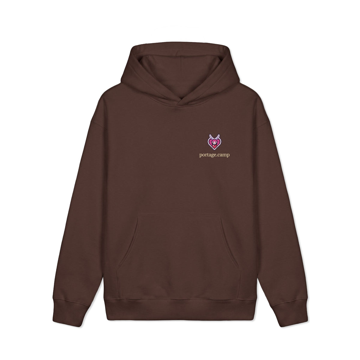 Heart Thief Heavyweight Hoodie in Brown, front view with the Heart Thief logo and portage.camp on the left chest. Digital product mockup.