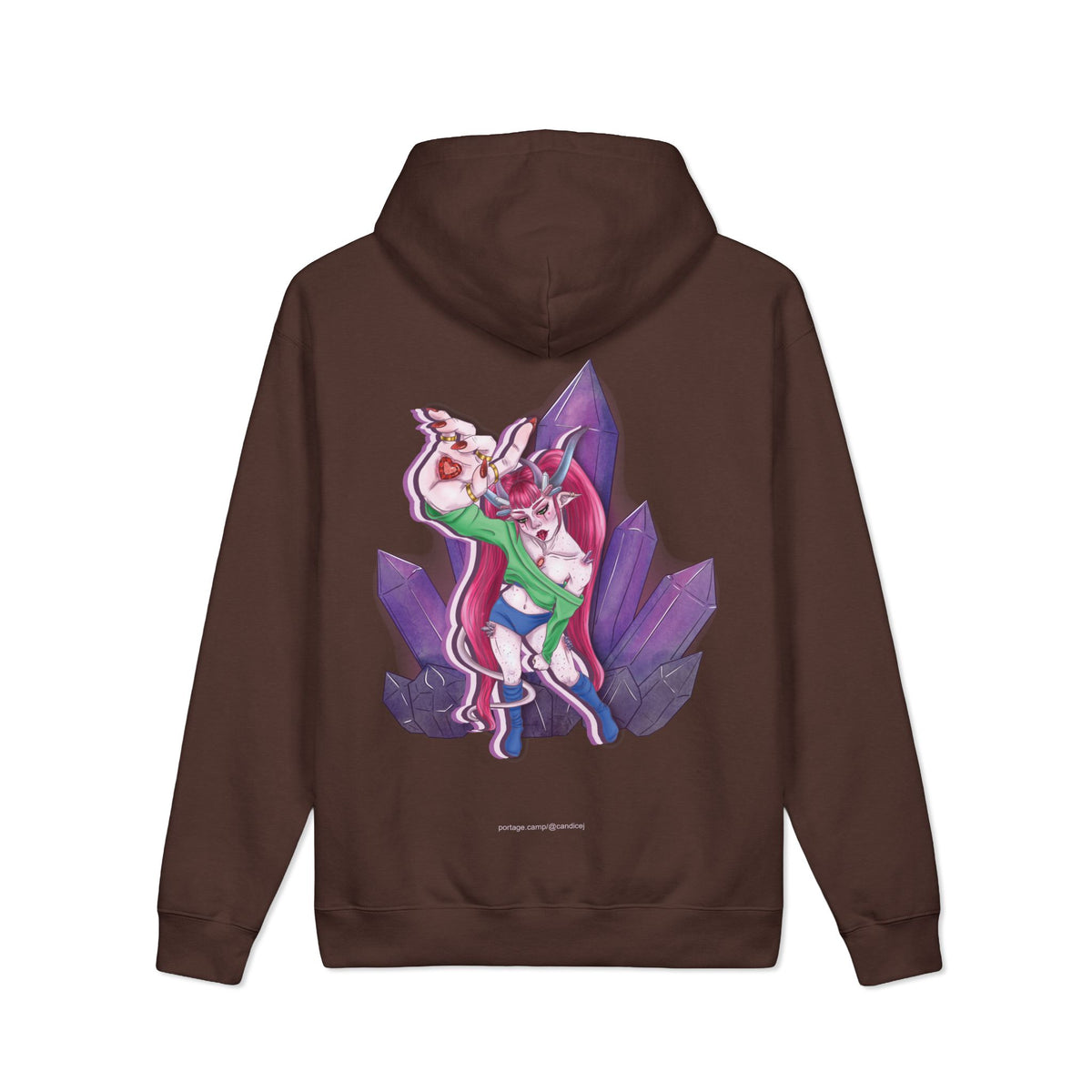 Heart Thief Heavyweight Hoodie in Brown, back view with the large illustrated print. Digital product mockup.