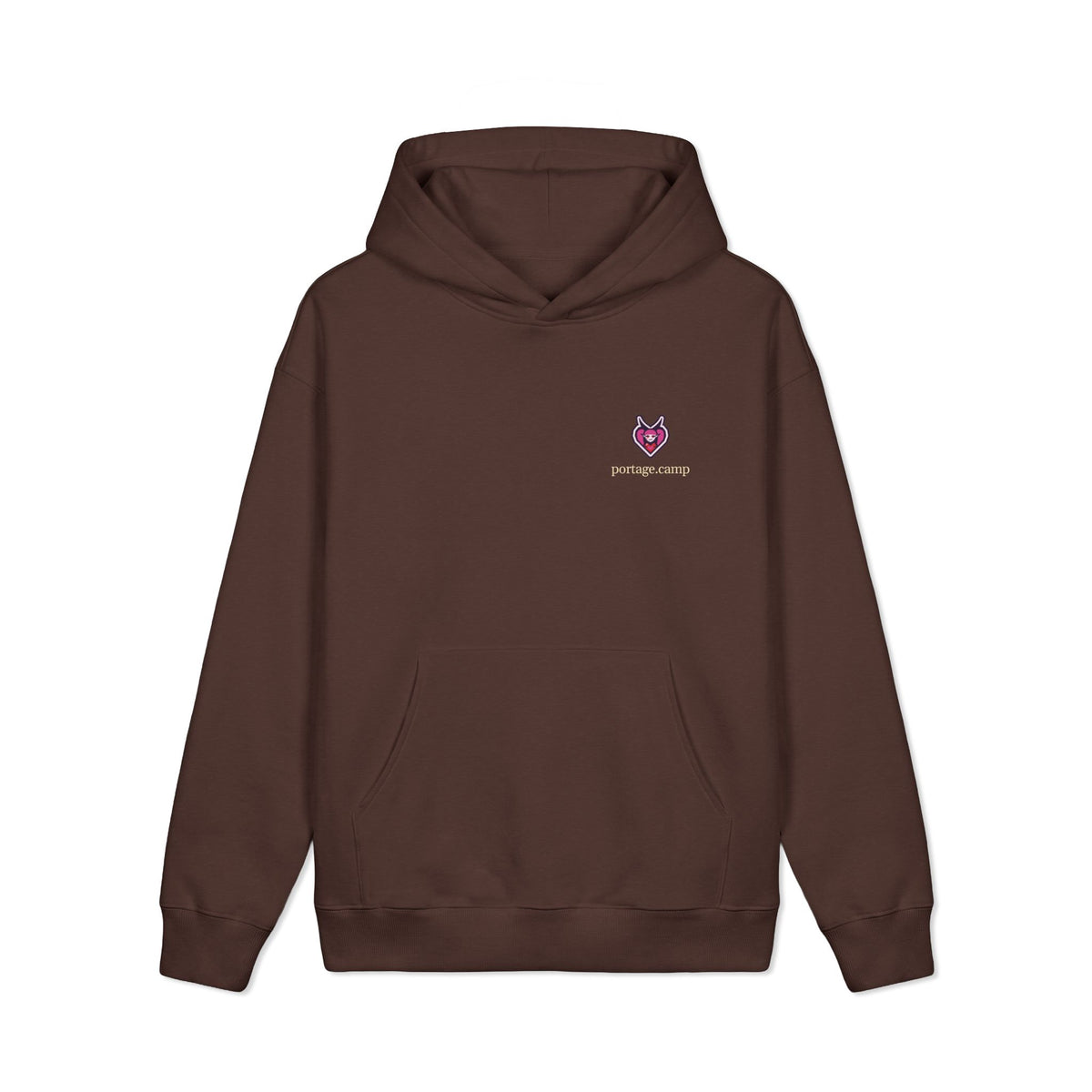 Heart Thief Heavyweight Hoodie in Brown, front view with the Heart Thief logo and portage.camp on the left chest. Digital product mockup.