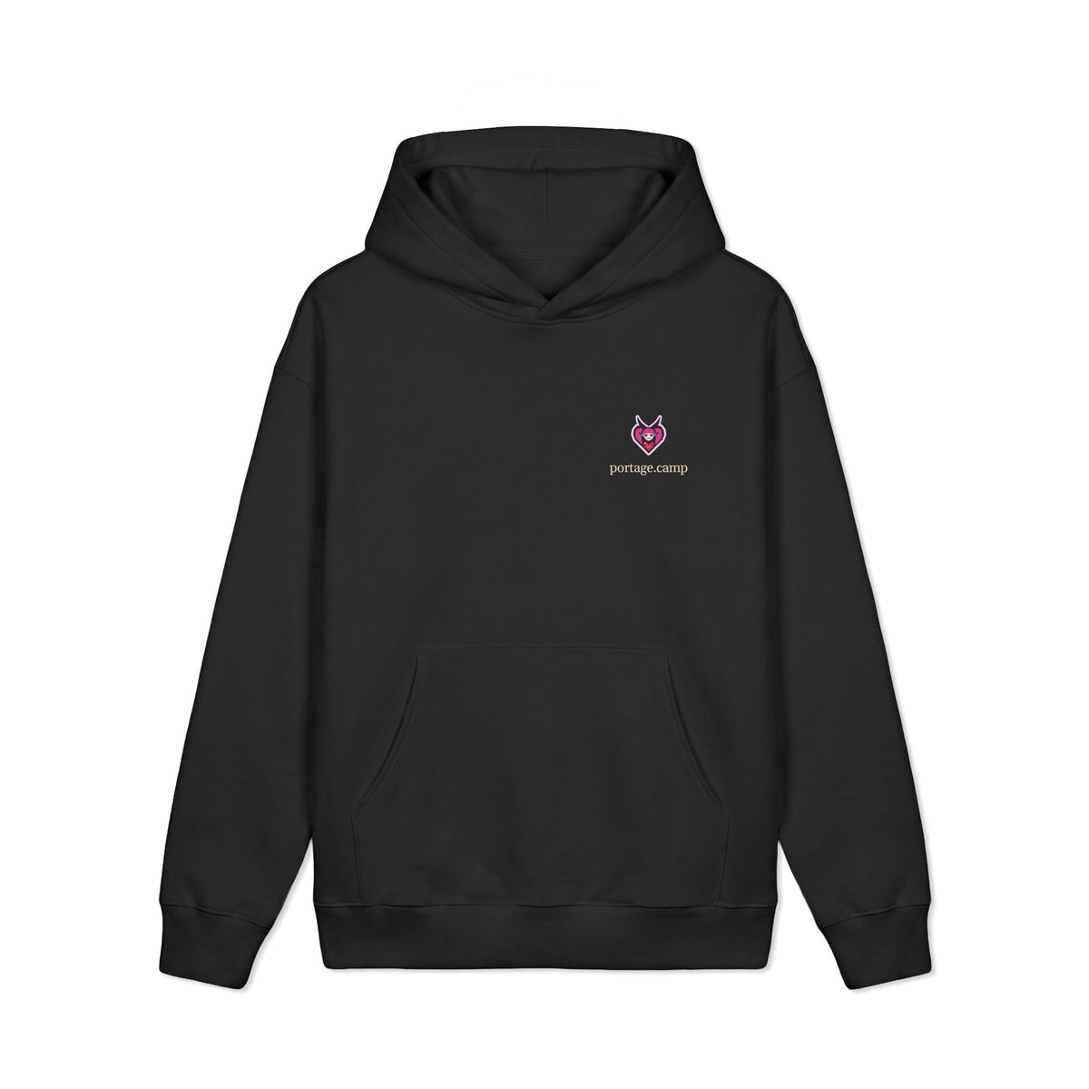 Heart Thief Heavyweight Hoodie in Black, front view with the Heart Thief logo and portage.camp on the left chest. Digital product mockup.