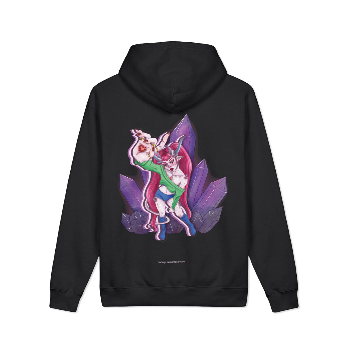 Heart Thief Heavyweight Hoodie in Black, back view with the large illustrated print. Digital product mockup.