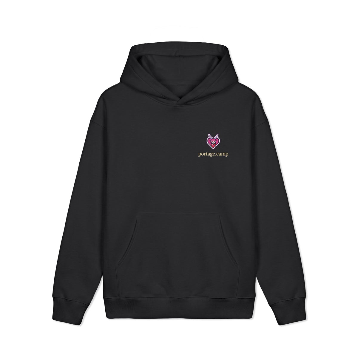 Heart Thief Heavyweight Hoodie in Black, front view with the Heart Thief logo and portage.camp on the left chest. Digital product mockup.
