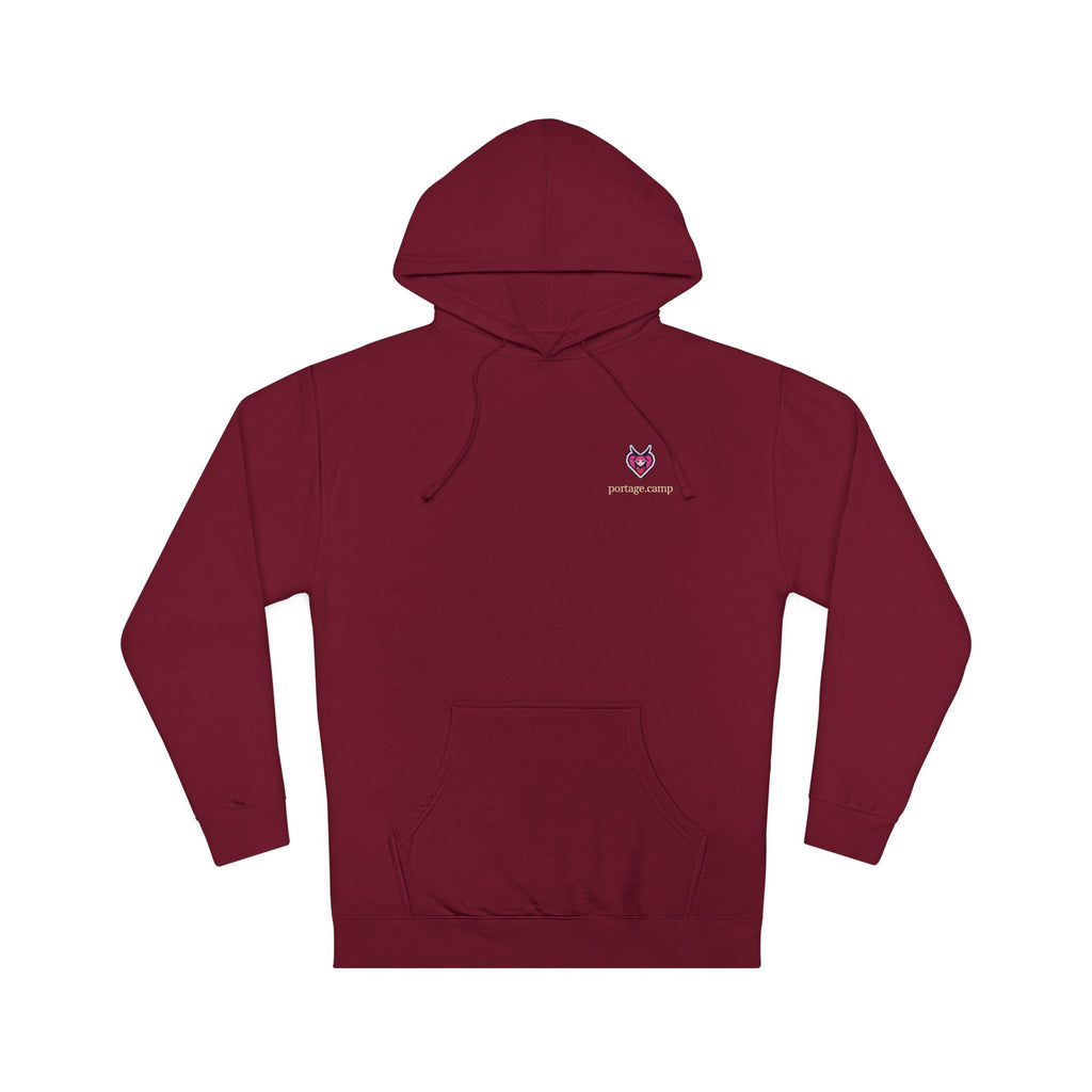 Heart Thief Midweight Hoodie in Maroon, front view with the Heart Thief logo and portage.camp on the chest. Digital product mockup.