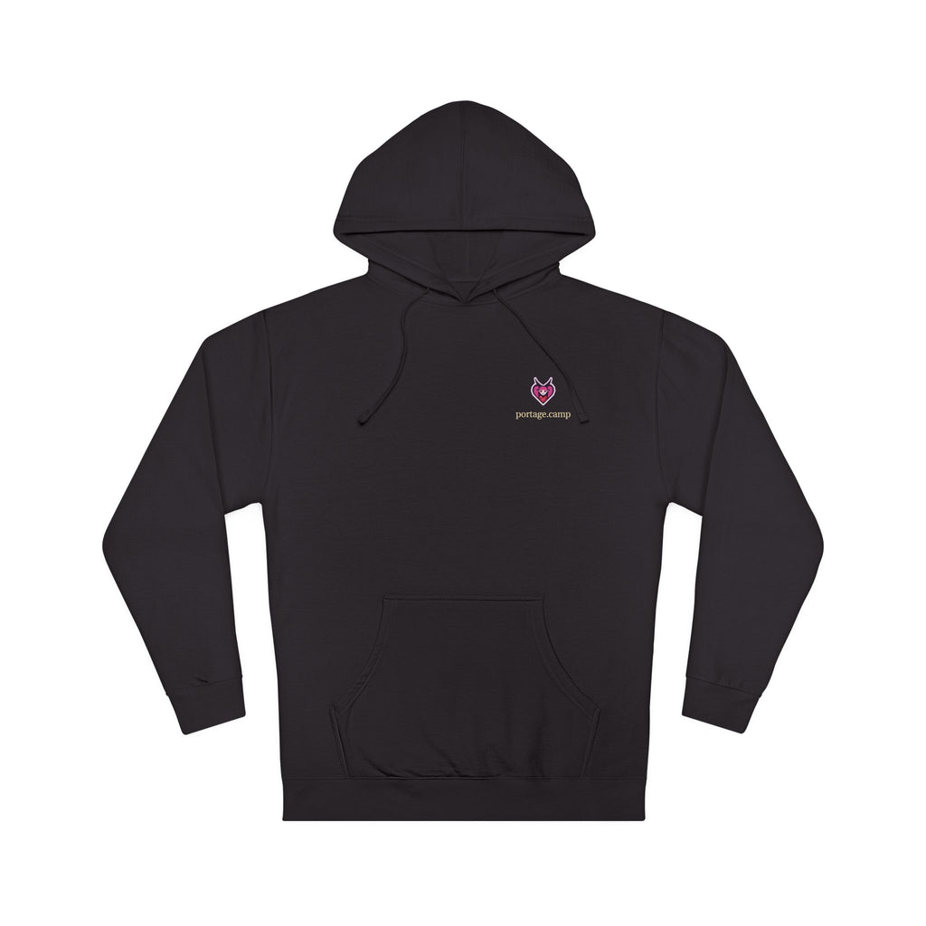 Heart Thief Midweight Hoodie in Black, front view with the Heart Thief logo and portage.camp on the chest. Digital product mockup.