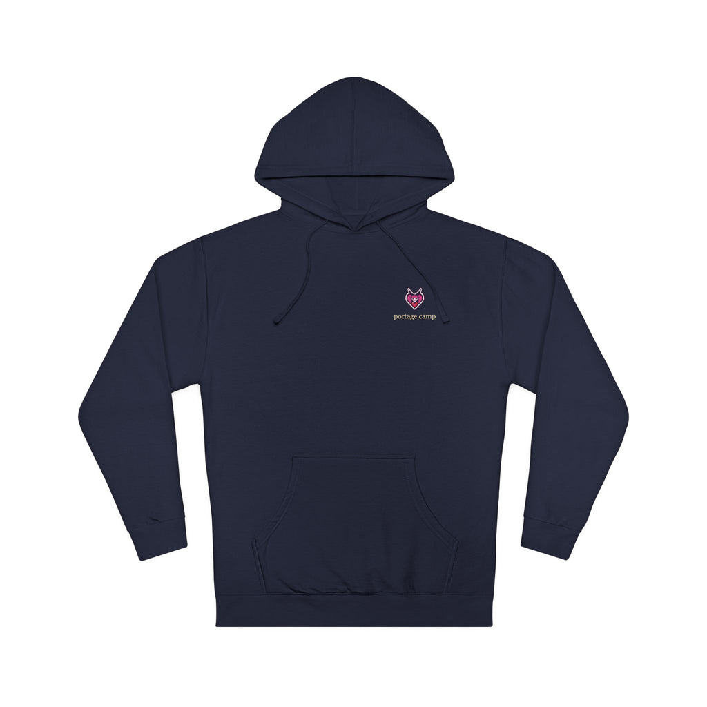 Heart Thief Midweight Hoodie in Classic Navy, front view with the Heart Thief logo and portage.camp on the chest. Digital product mockup.