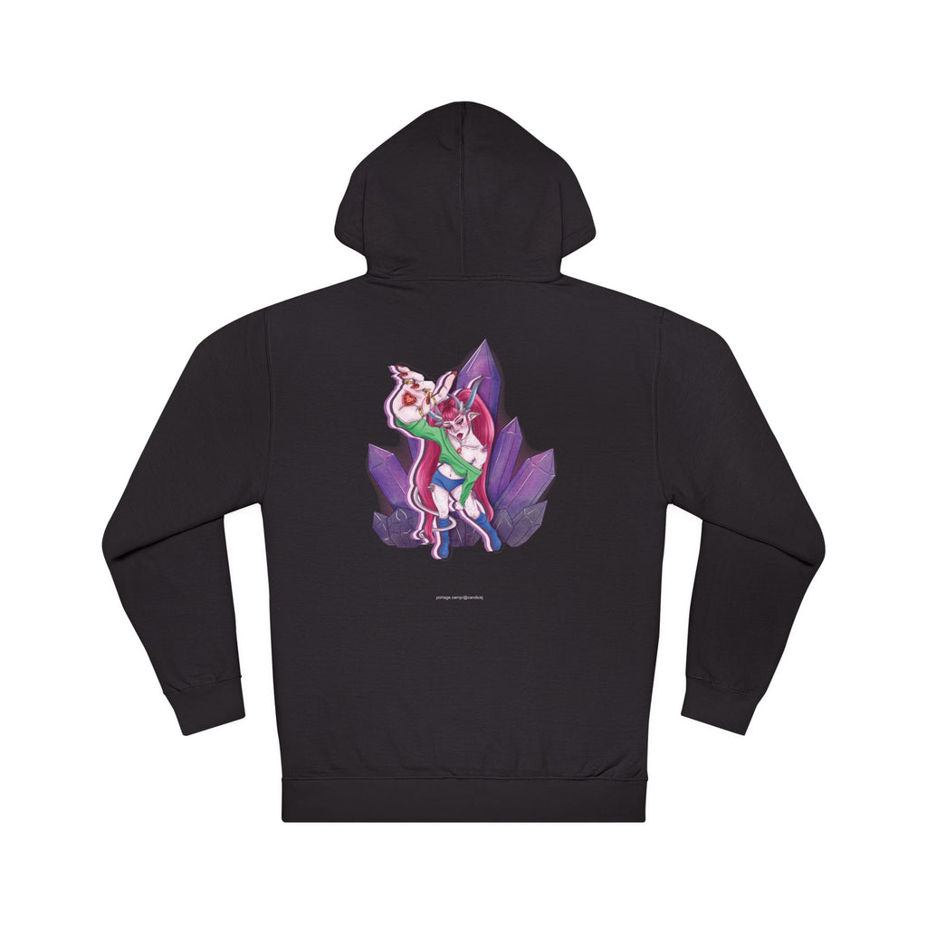 Heart Thief Midweight Hoodie in Black, back view with the large illustrated print. Digital product mockup.