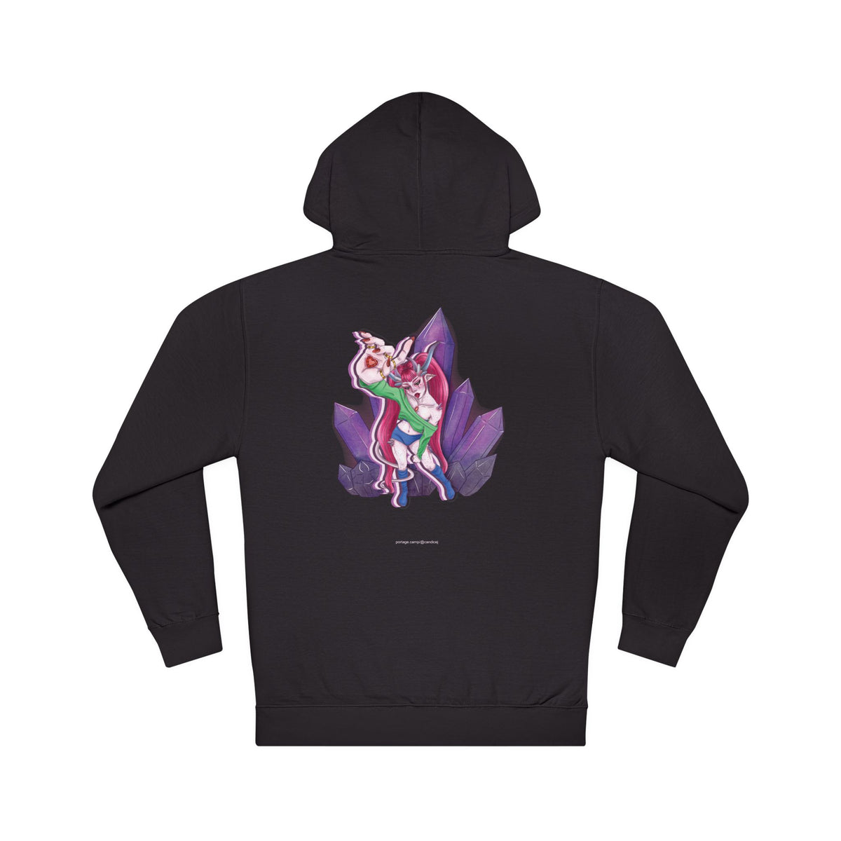 Heart Thief Midweight Hoodie in Black, back view with the large illustrated print. Digital product mockup.