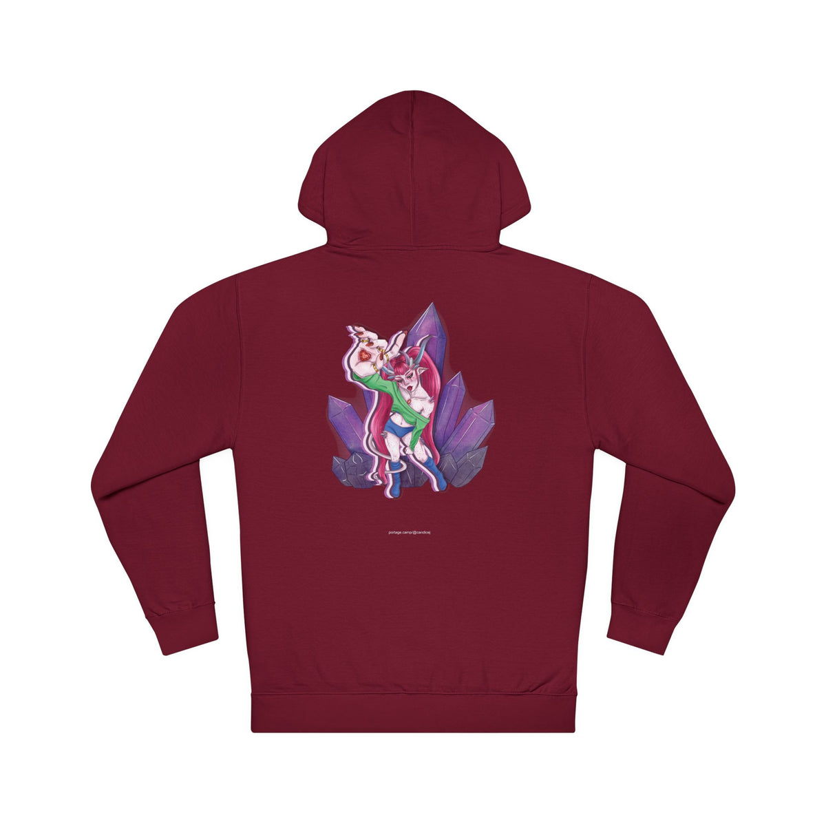 Heart Thief Midweight Hoodie in Maroon, back view with the large illustrated print. Digital product mockup.