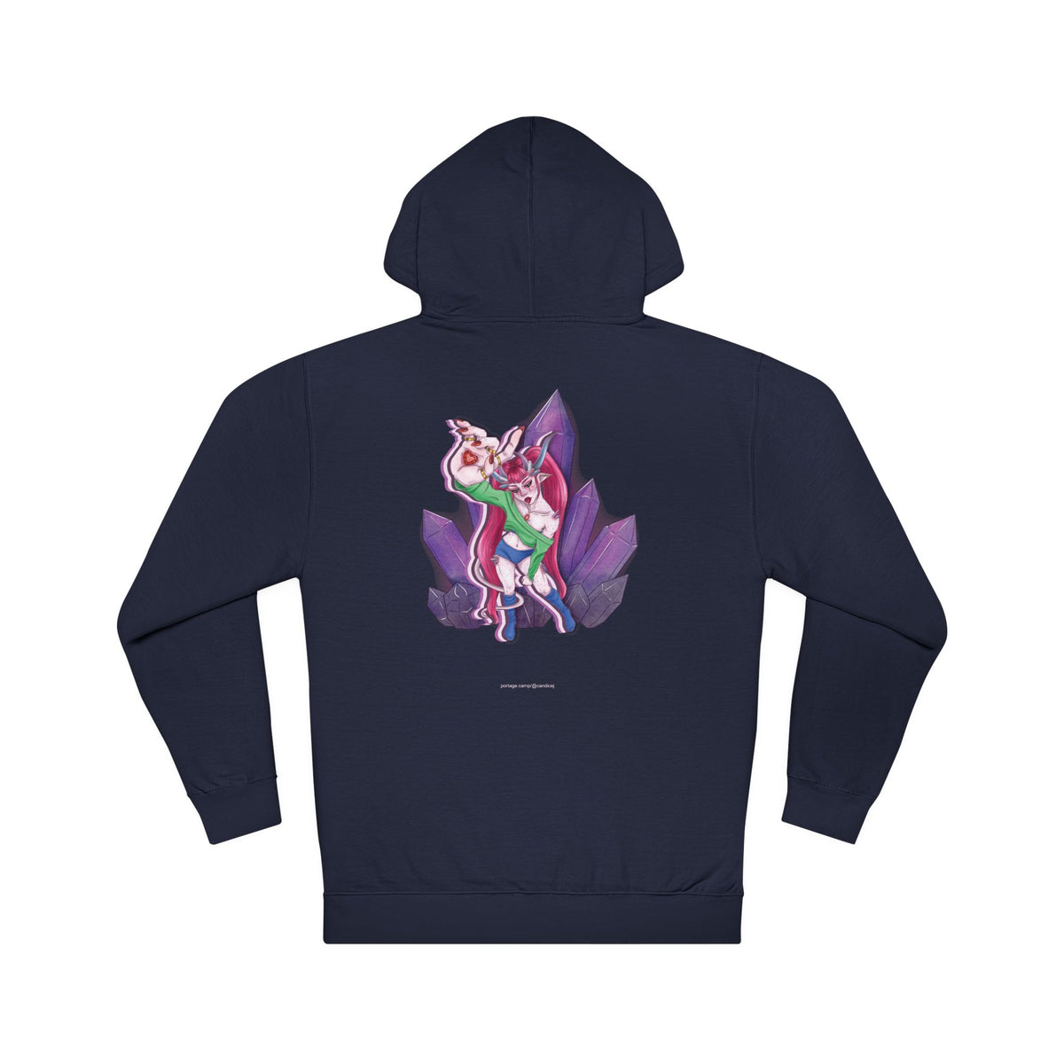 Heart Thief Midweight Hoodie in Classic Navy, back view with the large illustrated print. Digital product mockup.