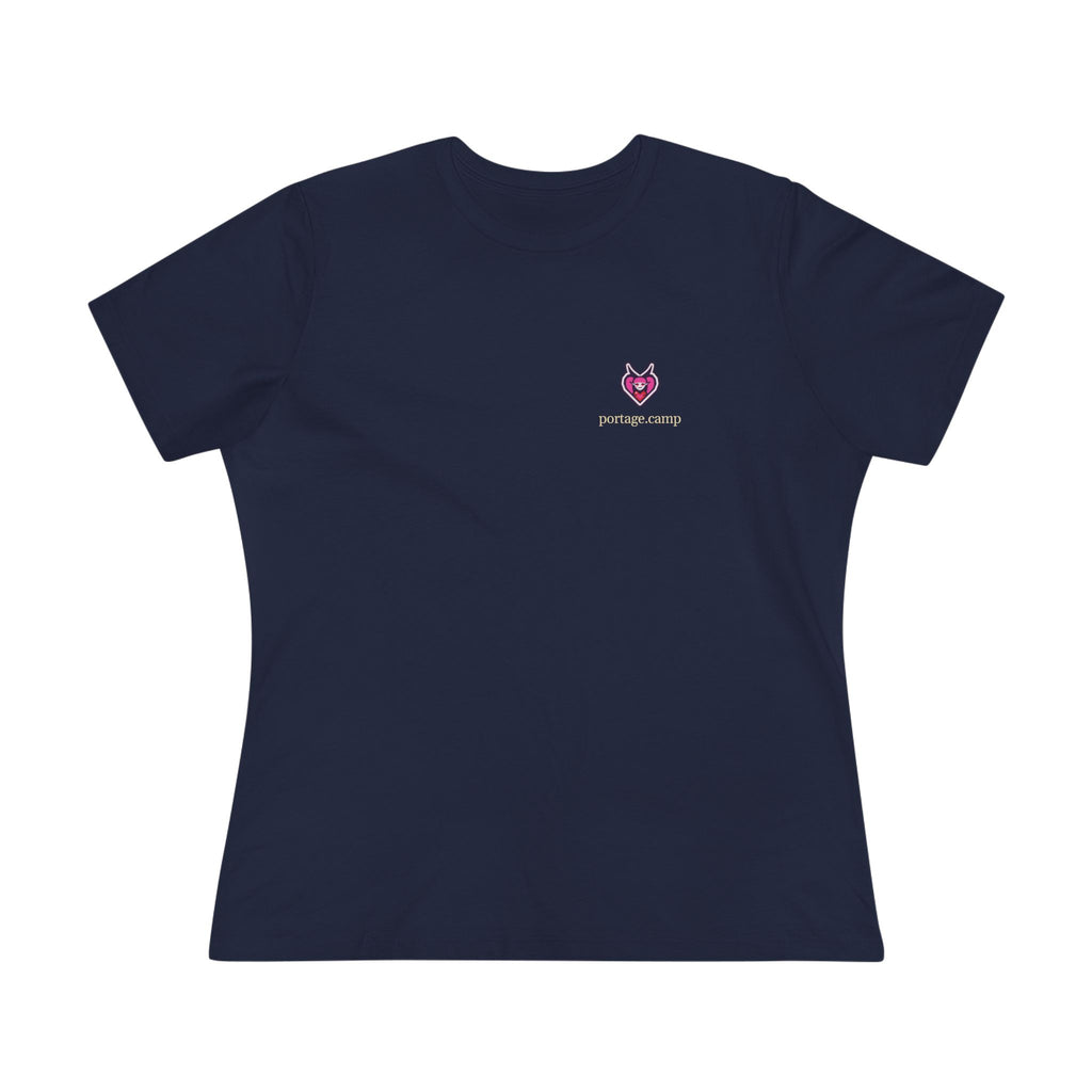 Heart Thief Women’s Relaxed Tee in Navy, front view with the Heart Thief logo and portage.camp on the chest. Digital product mockup.