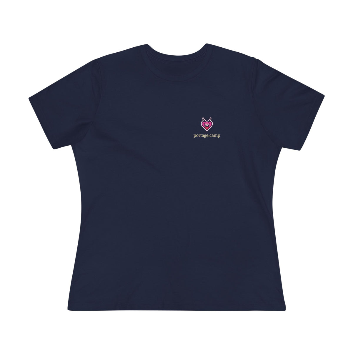 Heart Thief Women’s Relaxed Tee in Navy, front view with the Heart Thief logo and portage.camp on the chest. Digital product mockup.