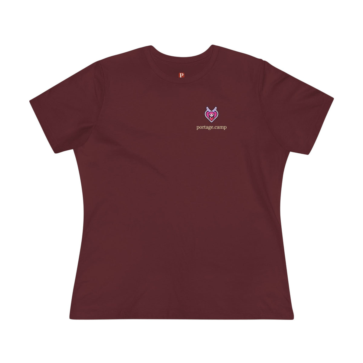 Heart Thief Women’s Relaxed Tee in Maroon, front view with the Heart Thief logo and portage.camp on the chest. Digital product mockup.